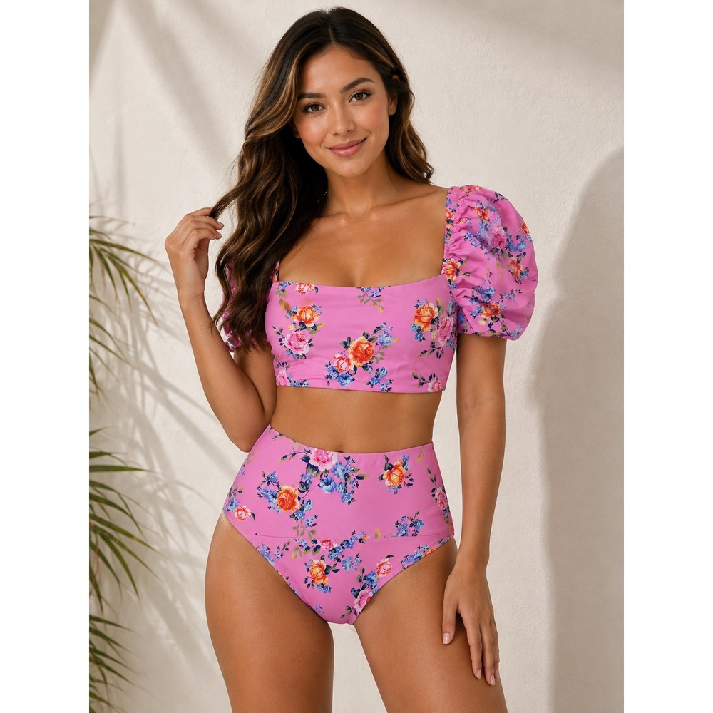 Buddy Love Womens M Two Piece Bikini Pink Floral Puff Sleeve High Waist Swimsuit